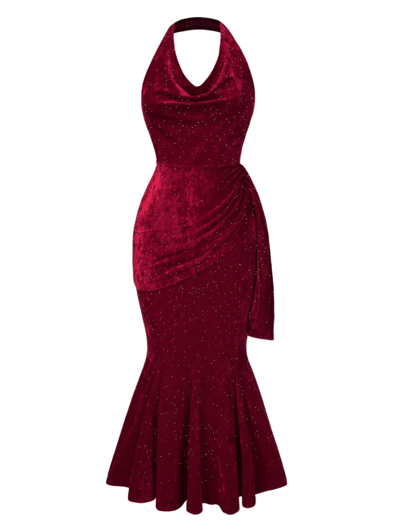 Deep Red 1930s Glitter Cowl Neck Mermaid Dress | Retro Stage Deep Red 1930s Glitter Cowl Neck Mermaid Dress | Retro Stage
