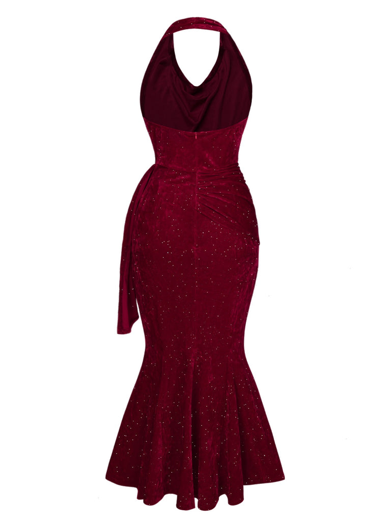 Deep Red 1930s Glitter Cowl Neck Mermaid Dress | Retro Stage Deep Red 1930s Glitter Cowl Neck Mermaid Dress | Retro Stage