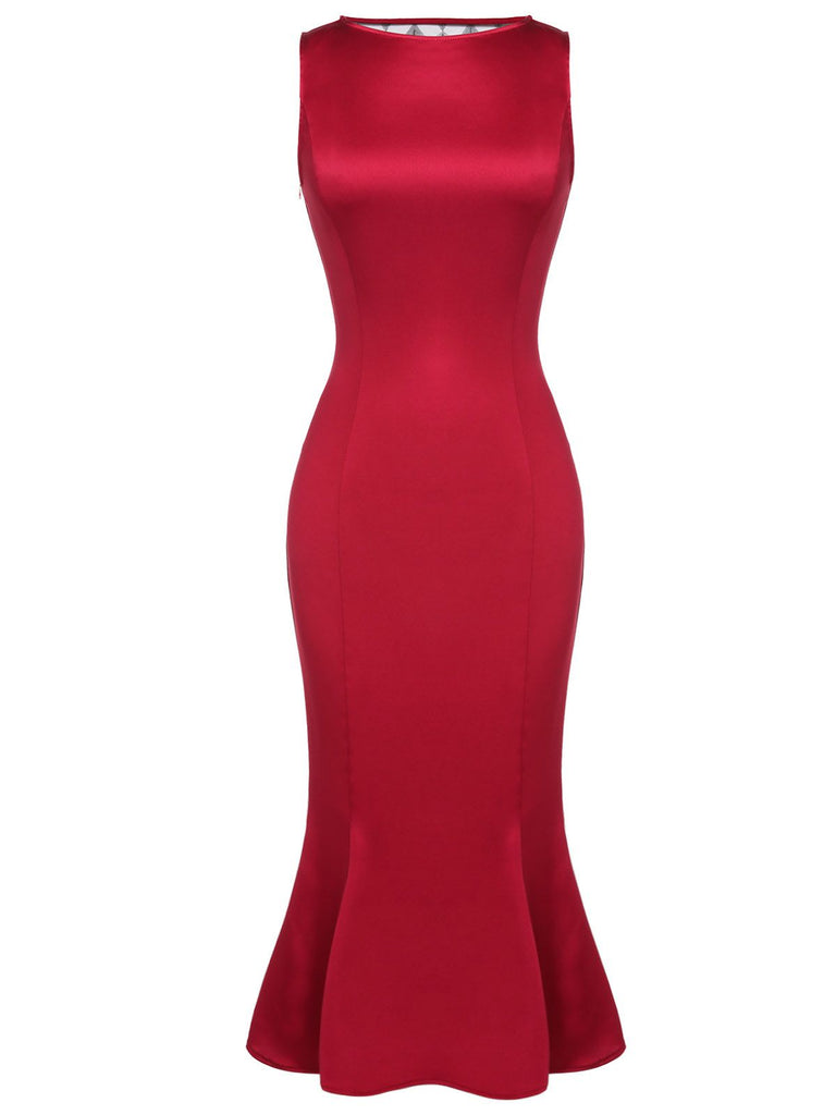 Deep Red 1930s Solid Bow Decor Fishtail Dress, vintage dress, retro fashion - perfect for women who love vintage and retro fashion