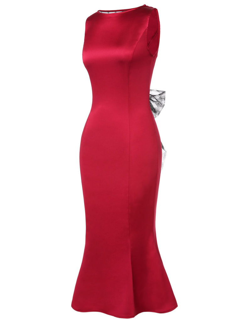 Deep Red 1930s Solid Bow Decor Fishtail Dress, vintage dress, retro fashion - perfect for women who love vintage and retro fashion