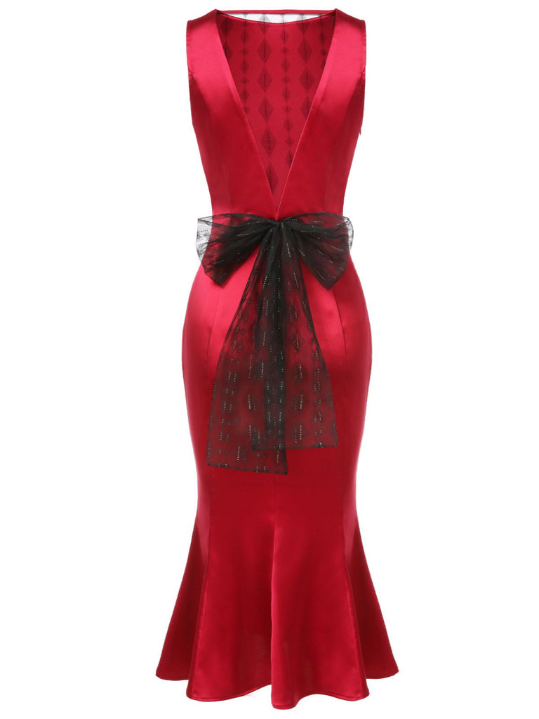 Deep Red 1930s Solid Bow Decor Fishtail Dress, vintage dress, retro fashion - perfect for women who love vintage and retro fashion