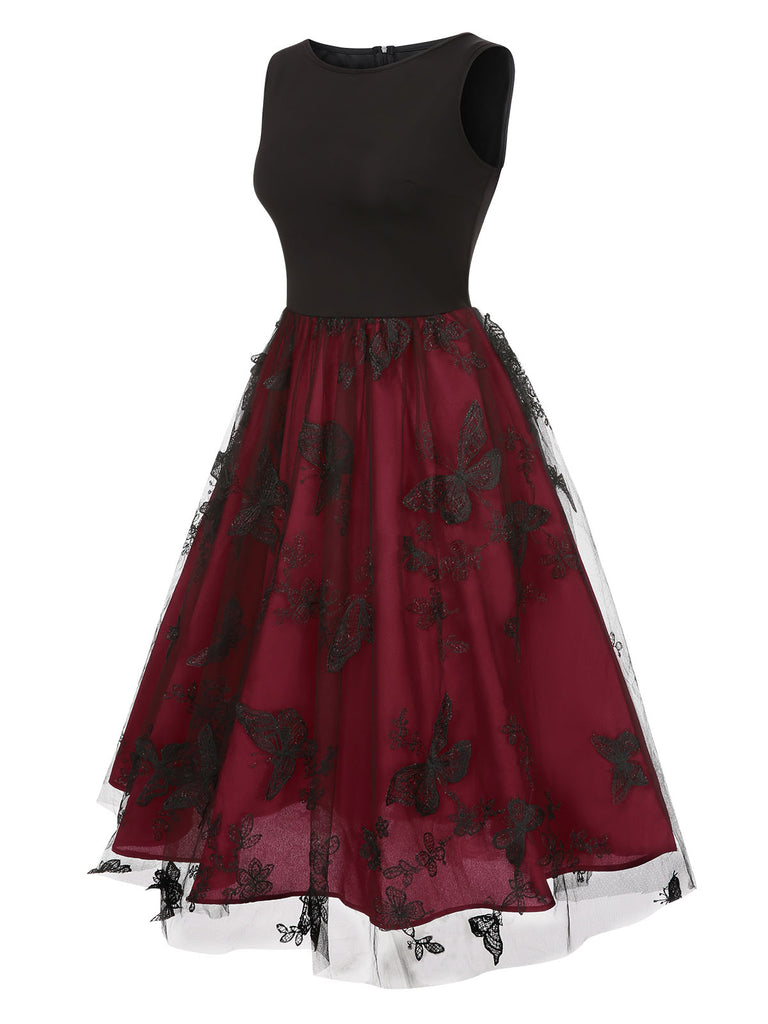 Deep Red 1950s Mesh Butterflies Sleeveless Dress, vintage dress, retro fashion, rockabilly, pin-up fashion - perfect for women who love vintage and retro fashion