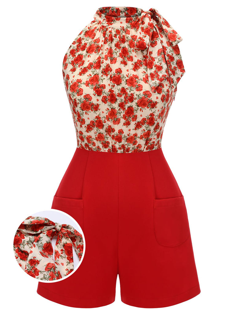 Deep Red 1950s Rose Lace Up Patchwork Romper, vintage romper, retro jumpsuit - perfect for women who love vintage and retro fashion