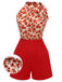Deep Red 1950s Rose Lace Up Patchwork Romper, vintage romper, retro jumpsuit - perfect for women who love vintage and retro fashion