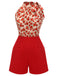 Deep Red 1950s Rose Lace Up Patchwork Romper, vintage romper, retro jumpsuit - perfect for women who love vintage and retro fashion