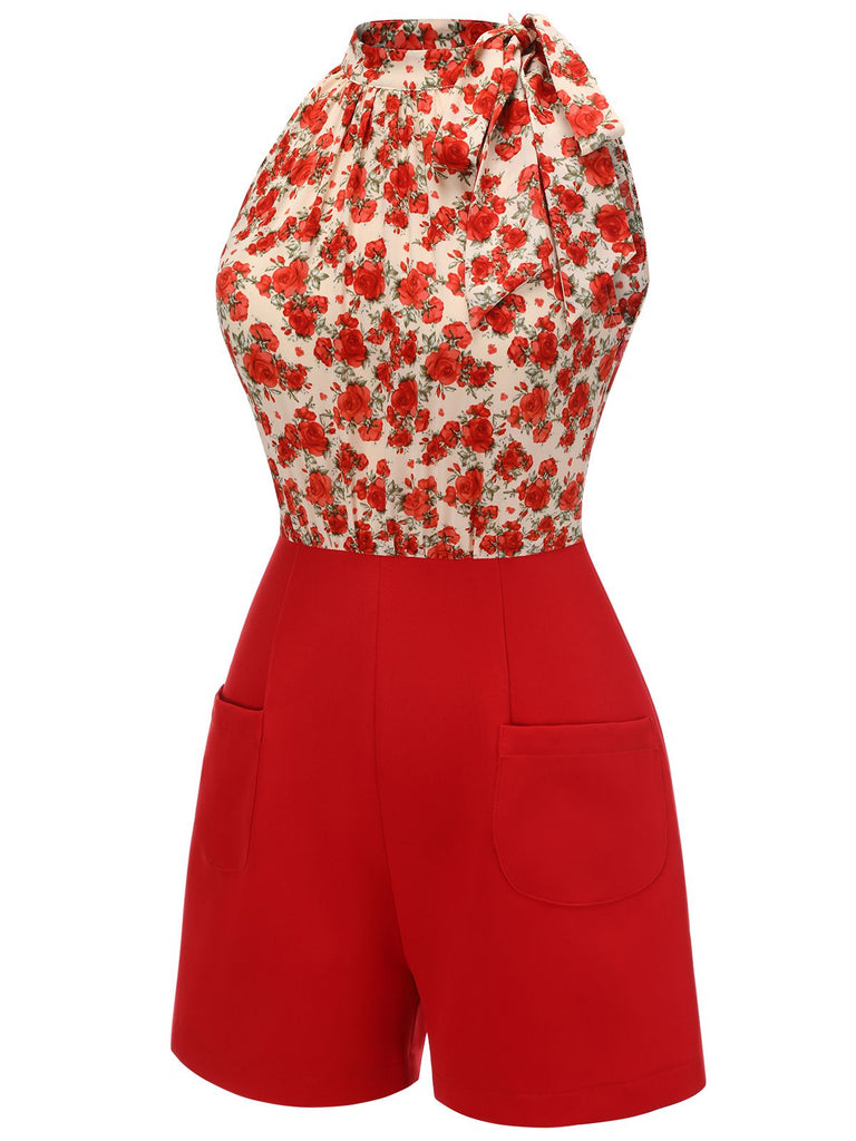 Deep Red 1950s Rose Lace Up Patchwork Romper, vintage romper, retro jumpsuit - perfect for women who love vintage and retro fashion