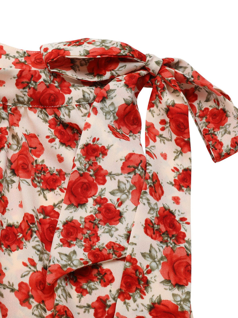 Deep Red 1950s Rose Lace Up Patchwork Romper, vintage romper, retro jumpsuit - perfect for women who love vintage and retro fashion