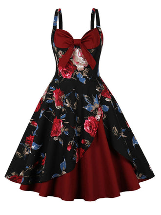 She slips into this Deep Red 1950s Rose Strap Patchwork Dress and suddenly it's a 1950s daydream