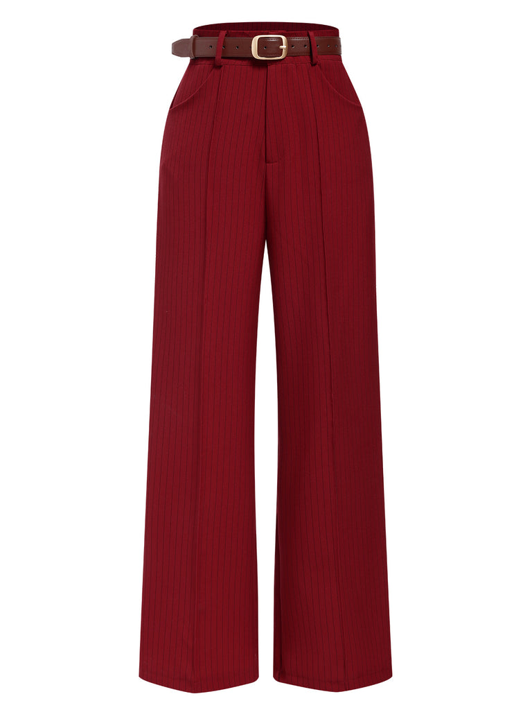 Deep Red 1950s Stripes Wide Leg Belted Pants: 1950s power dressing, reimagined