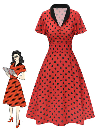 She slips into this Deep Red 1950s V-Neck Polka Dots Lapel Dress and suddenly it's a 1950s daydream