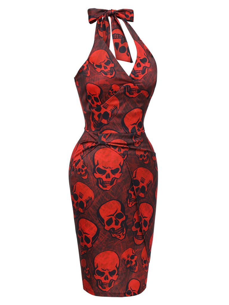 Deep Red 1960s Halloween Skull Halter Dress, vintage dress, retro fashion - perfect for women who love vintage and retro fashion