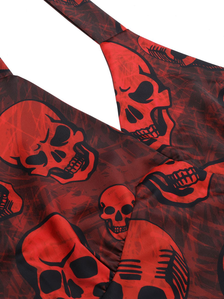 Deep Red 1960s Halloween Skull Halter Dress, vintage dress, retro fashion - perfect for women who love vintage and retro fashion