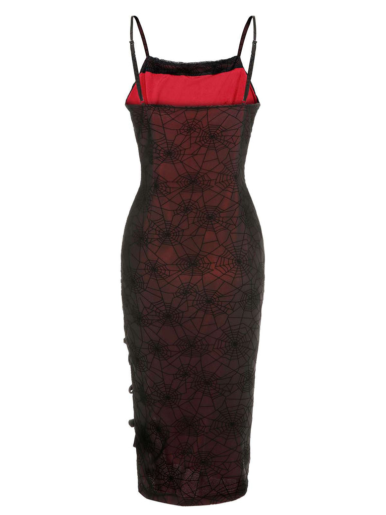 Halloween Spider Web Spaghetti Strap Bodycon Slit dress Deep Red Halloween Spider Web Spaghetti Strap Bodycon Slit dress Deep Red