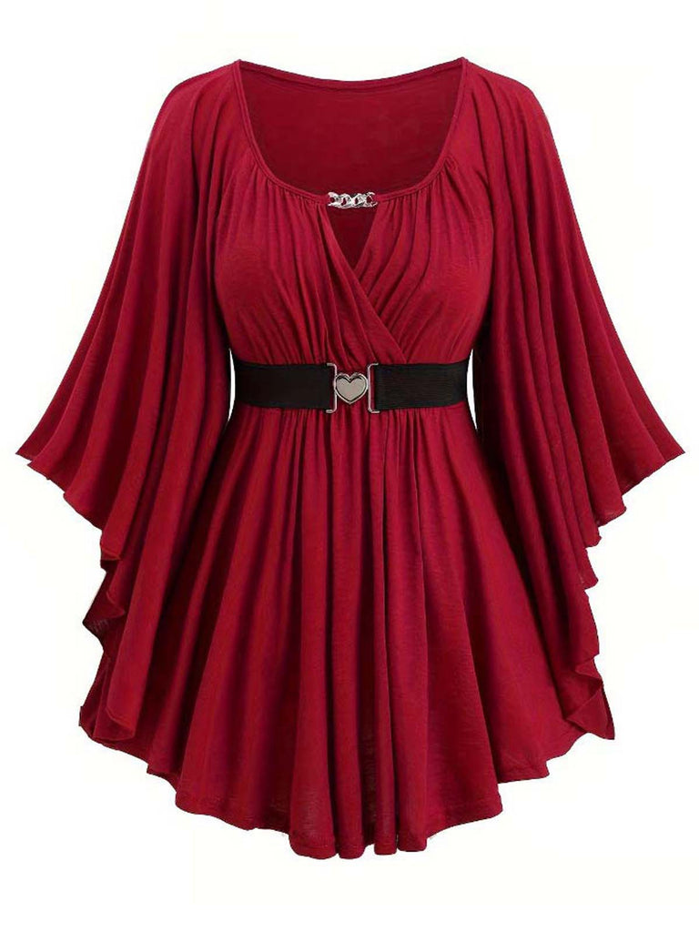 Deep Red 1970s Batwing Sleeve Ruffled Top - vintage fashion, retro style, elegant red