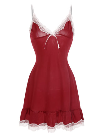 She slips into this Deep Red 1970s Spaghetti Straps Lace Nightgown and suddenly it's a 1970s daydream