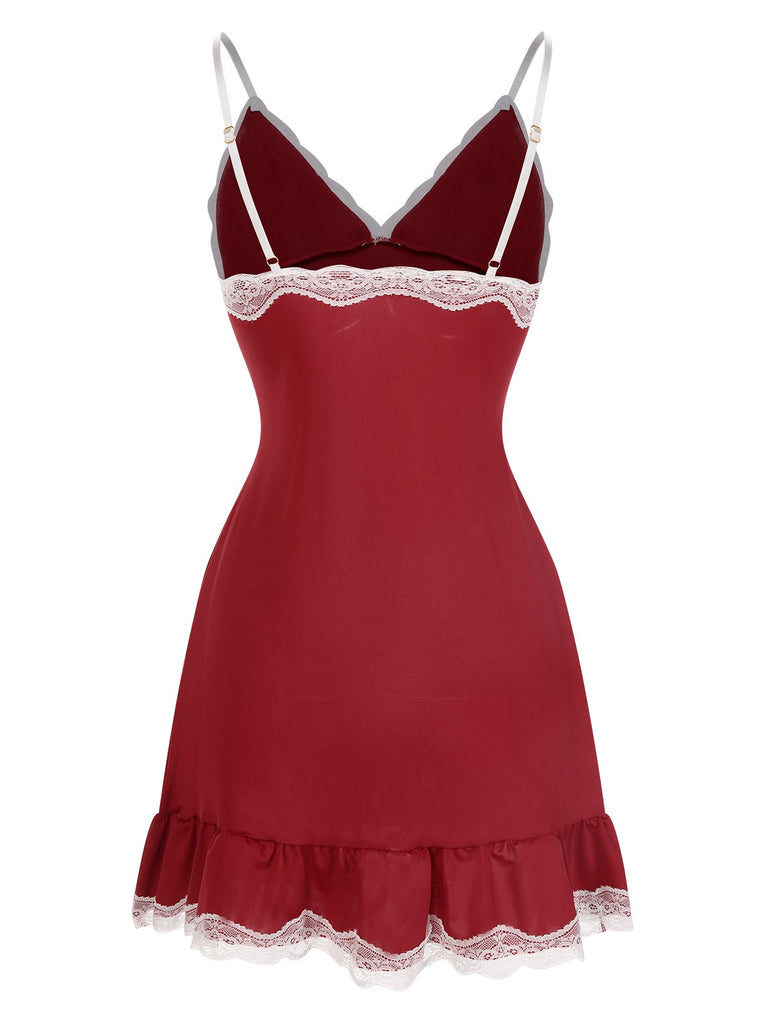 Deep Red Spaghetti Straps Lace Nightgown Deep Red Spaghetti Straps Lace Nightgown