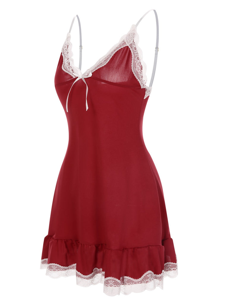 Deep Red Spaghetti Straps Lace Nightgown Deep Red Spaghetti Straps Lace Nightgown