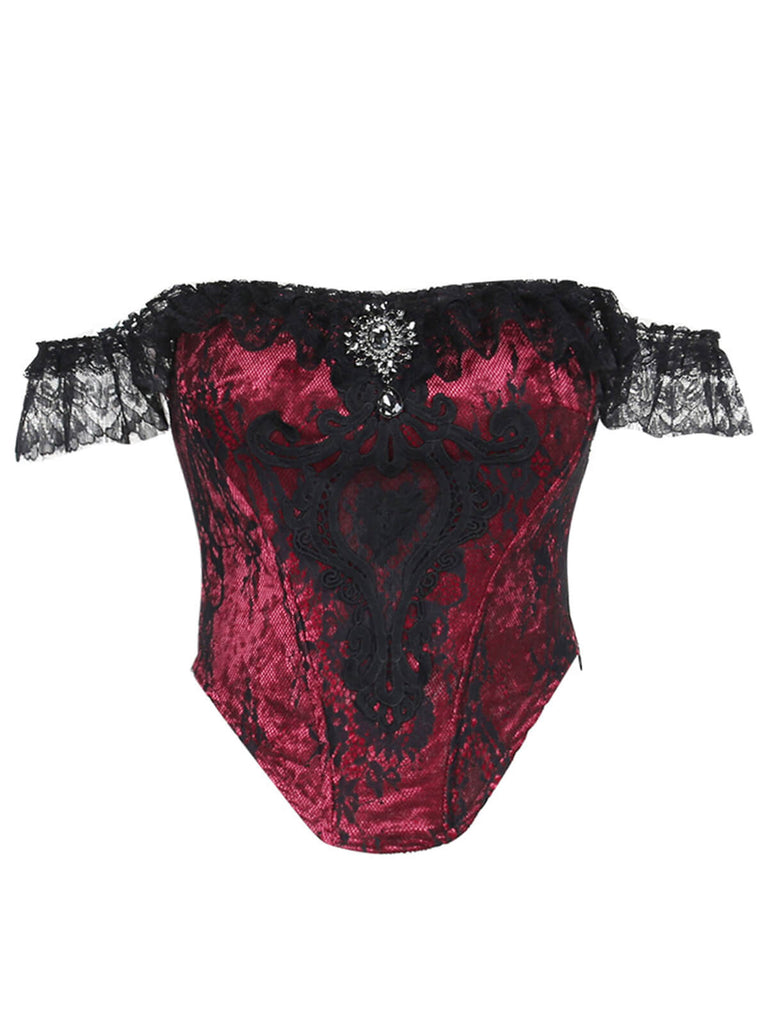 Deep Red 1970s Steampunk Lace Off-Shoulder Top, vintage top, retro blouse - perfect for women who love vintage and retro fashion