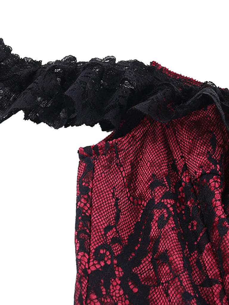 Deep Red 1970s Steampunk Lace Off-Shoulder Top, vintage top, retro blouse - perfect for women who love vintage and retro fashion