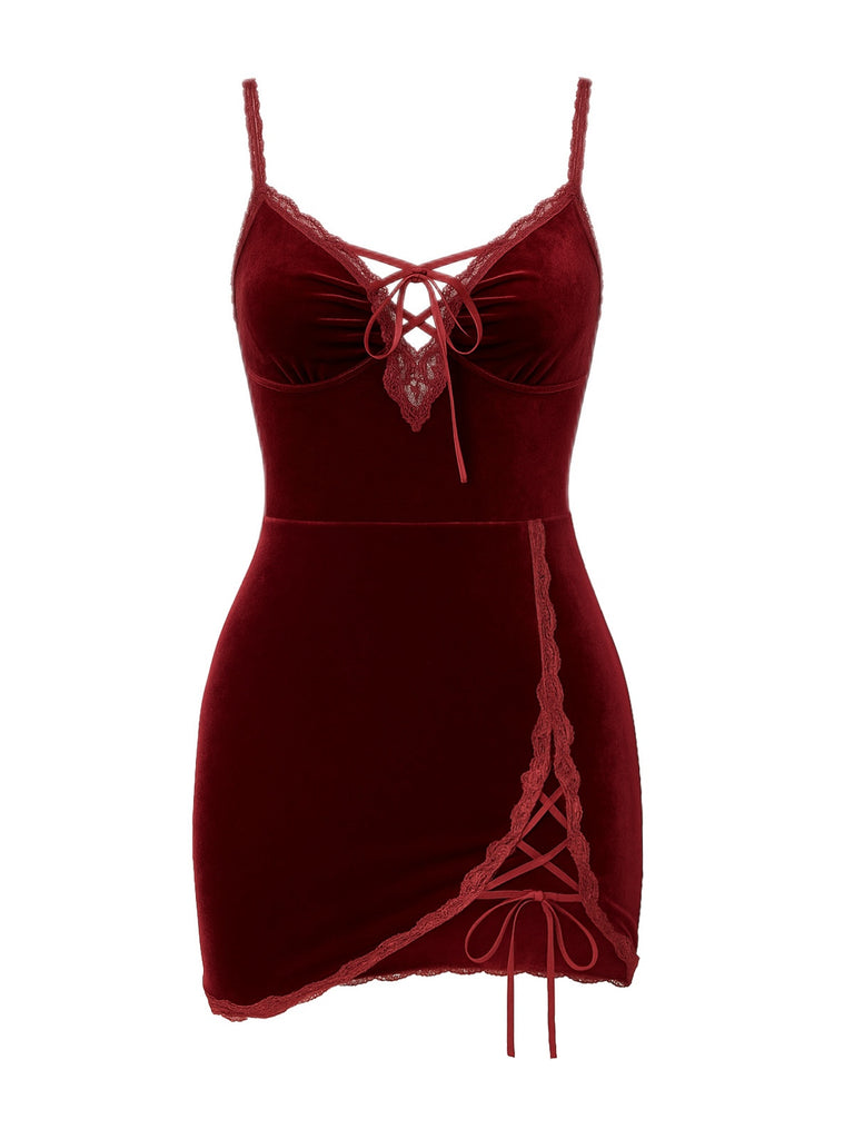 Deep Red 1980s Lace-Up Velvet Strap Nightgown - vintage nightgown, retro sleepwear, elegant red