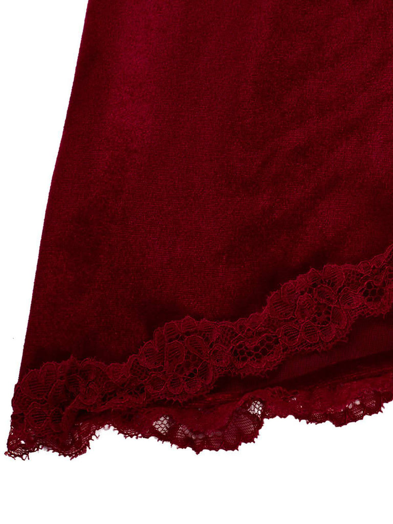 Deep Red 1980s Lace-Up Velvet Strap Nightgown - vintage nightgown, retro sleepwear, elegant red