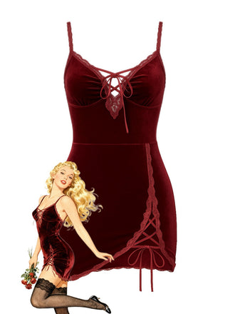 She slips into this Deep Red 1980s Lace-Up Velvet Strap Nightgown and suddenly it's a 1980s daydream