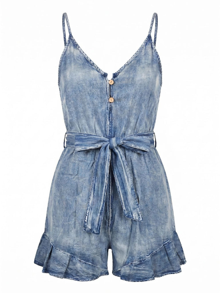 Denim-1950s-Vintage-Buttoned-Tie-Waist-Ruffle-Romper, vintage, retro, romper