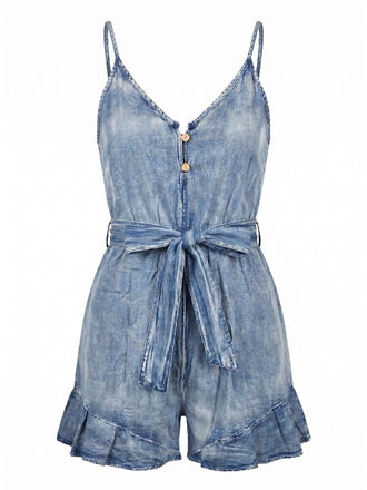 Denim-1950s-Vintage-Buttoned-Tie-Waist-Ruffle-Romper, vintage, retro, romper