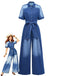 Denim 1970s Lapel Button Belted Waist Jumpsuit - vintage jumpsuit, retro fashion
