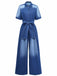 Denim 1970s Lapel Button Belted Waist Jumpsuit - vintage jumpsuit, retro fashion