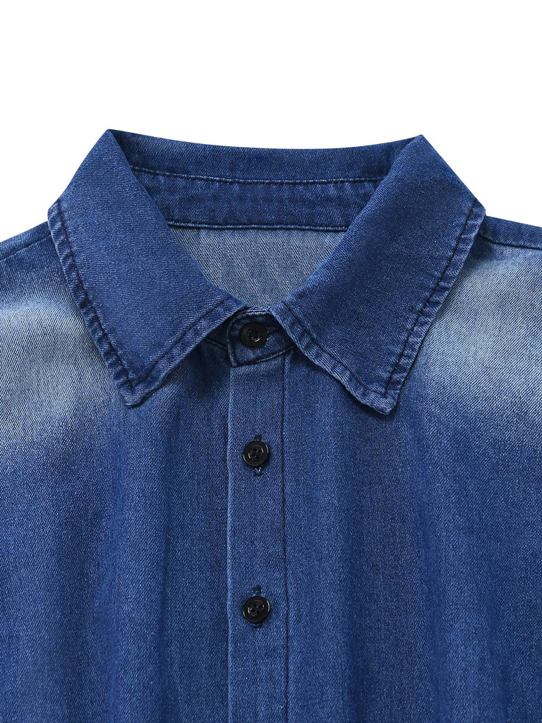 Denim 1970s Lapel Button Belted Waist Jumpsuit - vintage jumpsuit, retro fashion
