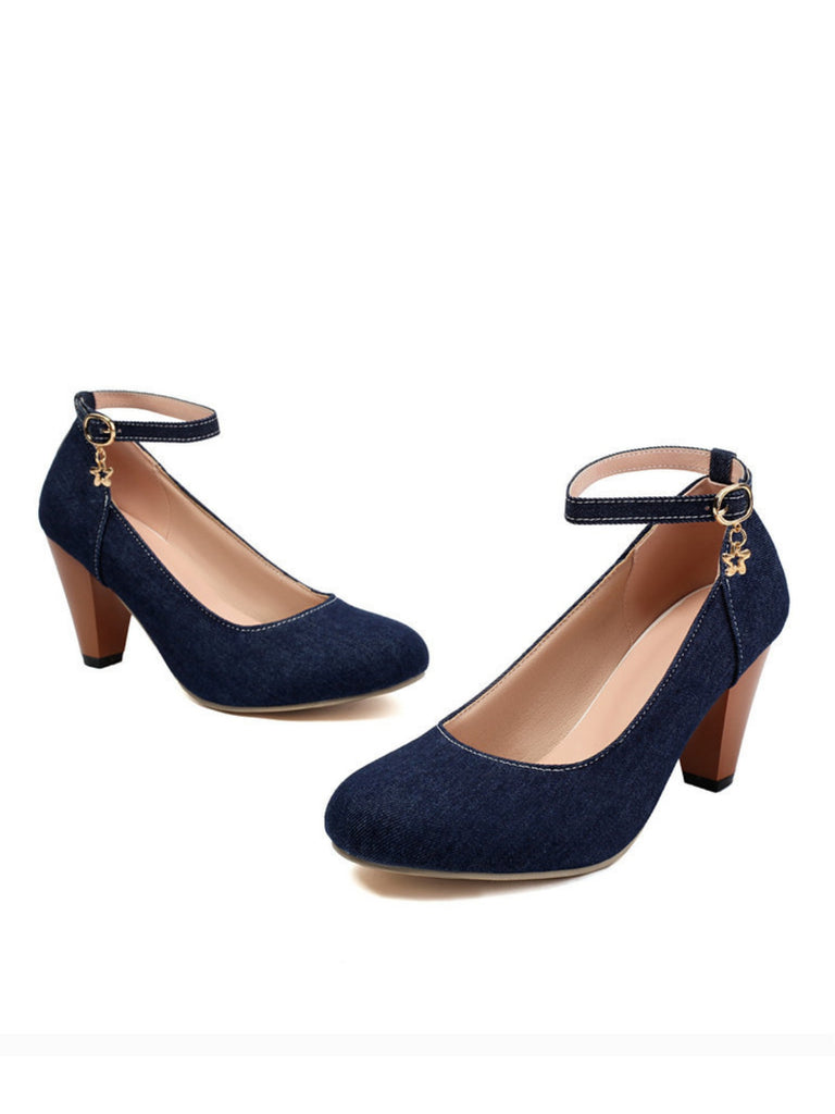 Denim Buckle Mary Janes Chunky Heels - vintage shoes, retro heels