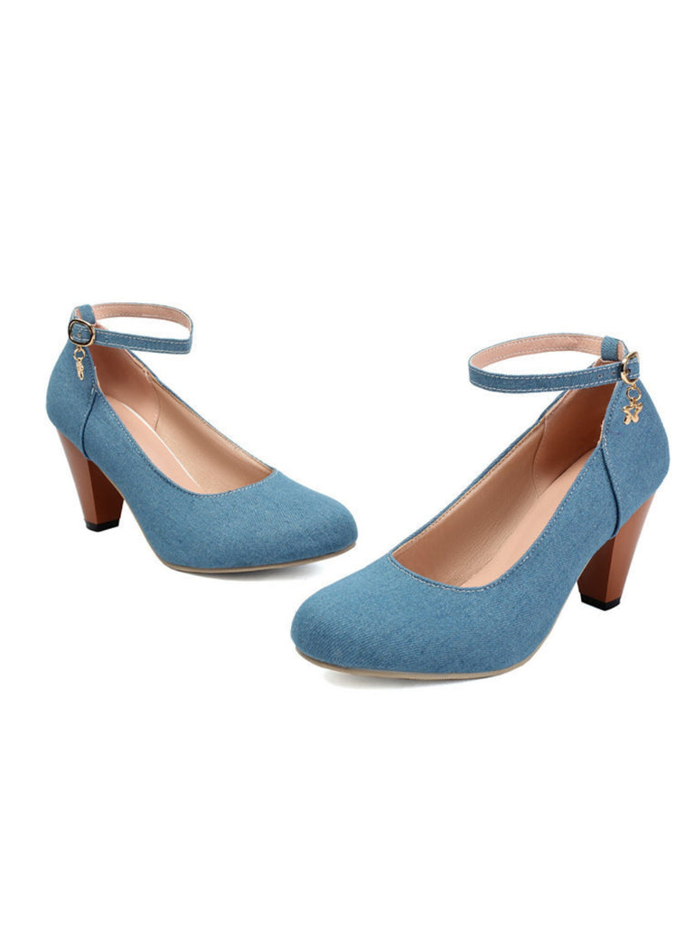 Denim Buckle Mary Janes Chunky Heels - vintage shoes, retro heels
