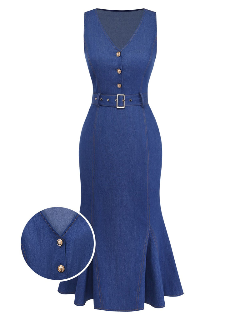 Blue 1930s Denim Sleeveless Mermaid Dress
