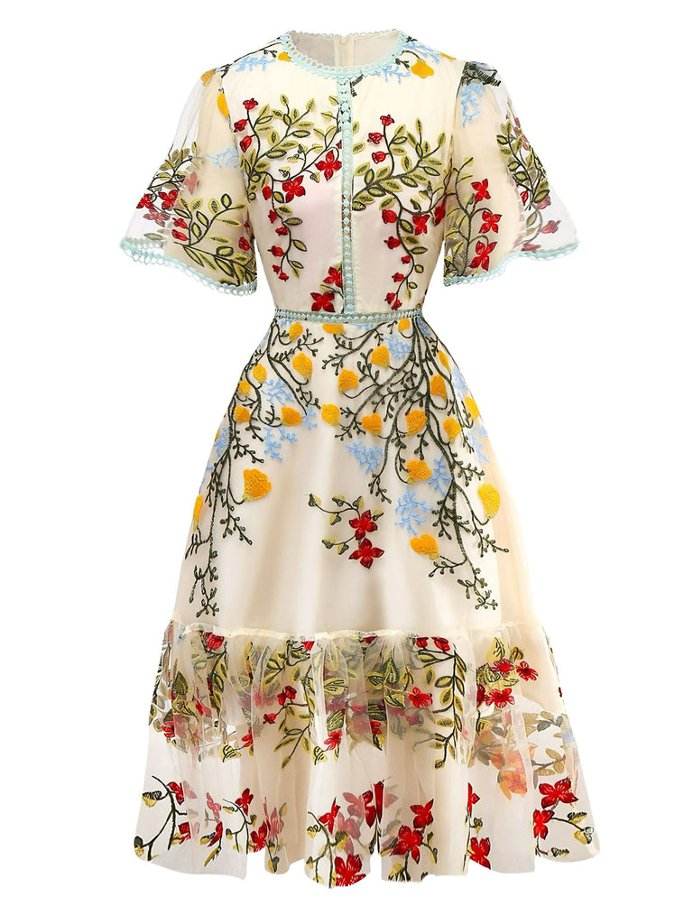 Retro Stage 1940s Embroidered Floral Lace Mesh Ruffle Midi Dress Cotton Fabric Retro Stage 1940s Embroidered Floral Lace Mesh Ruffle Midi Dress Cotton Fabric