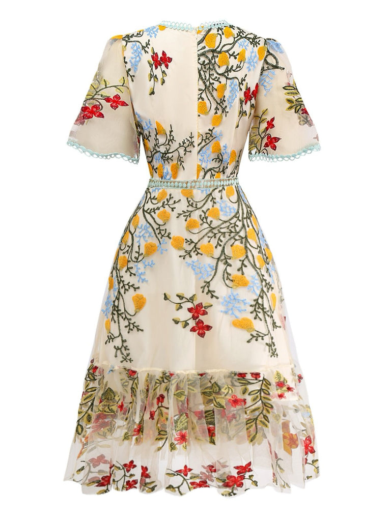 1940s Water Soluble Lace Mesh Embroidery Ruffle Dress