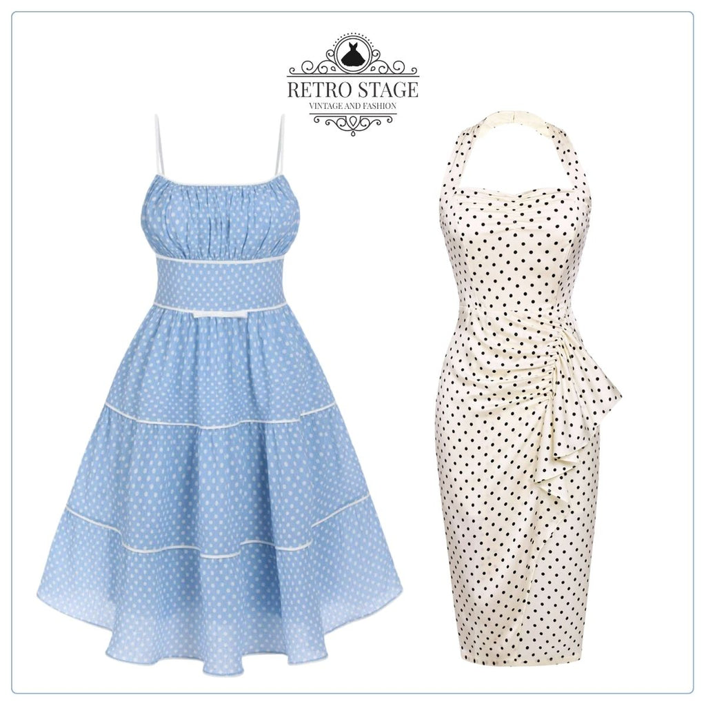 2PCS Polka Dot Ivory Pencil Dress & Sky Blue Strap Dress | Retro Stage