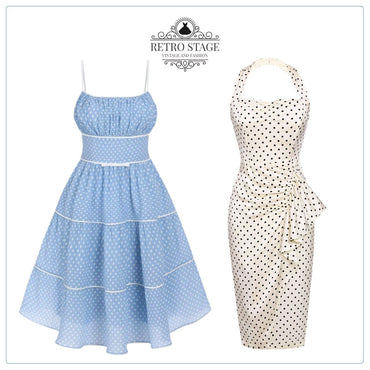 2PCS Polka Dot Ivory Pencil Dress & Sky Blue Strap Dress - vintage dress, retro fashion