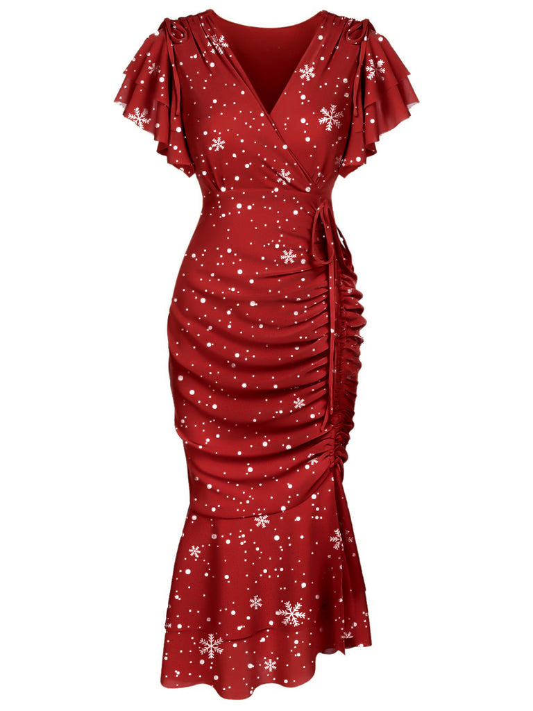 white christmas dresses Wine Red 1930 Christmas Snowflake Ruffles Mermaid Dress