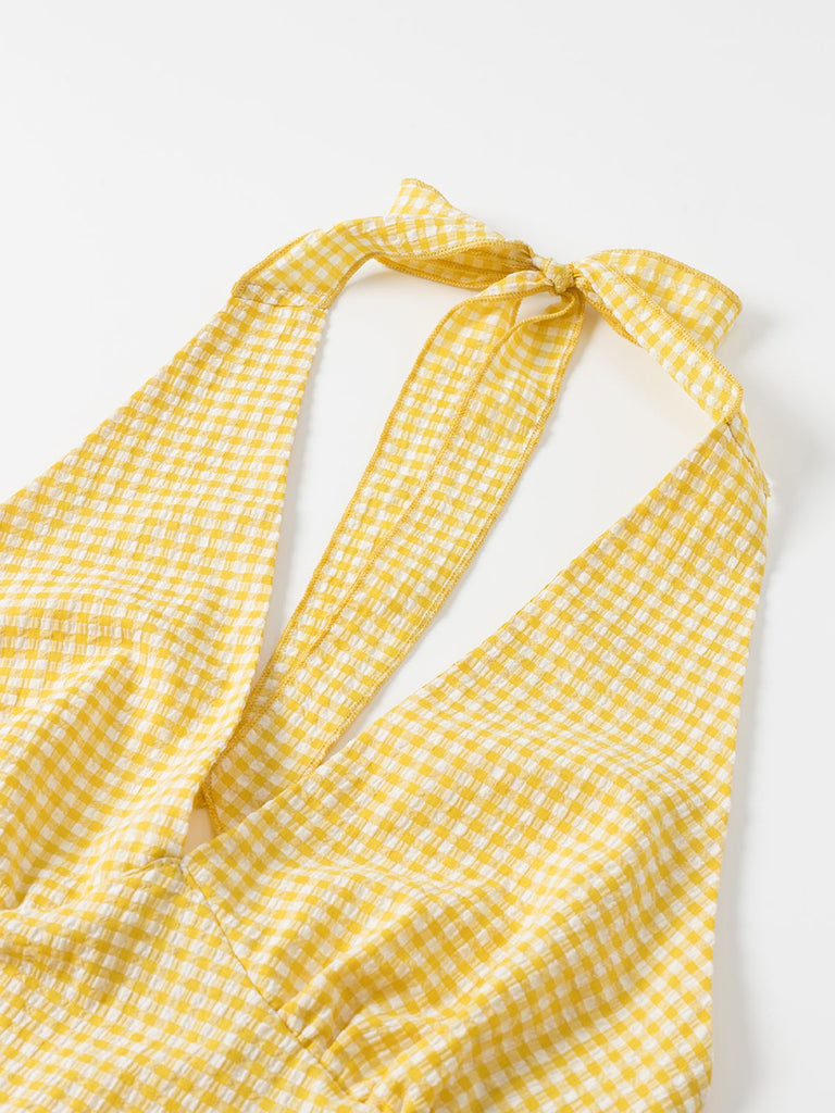 Yellow 1960s Halter V-Neck Plaids Dress