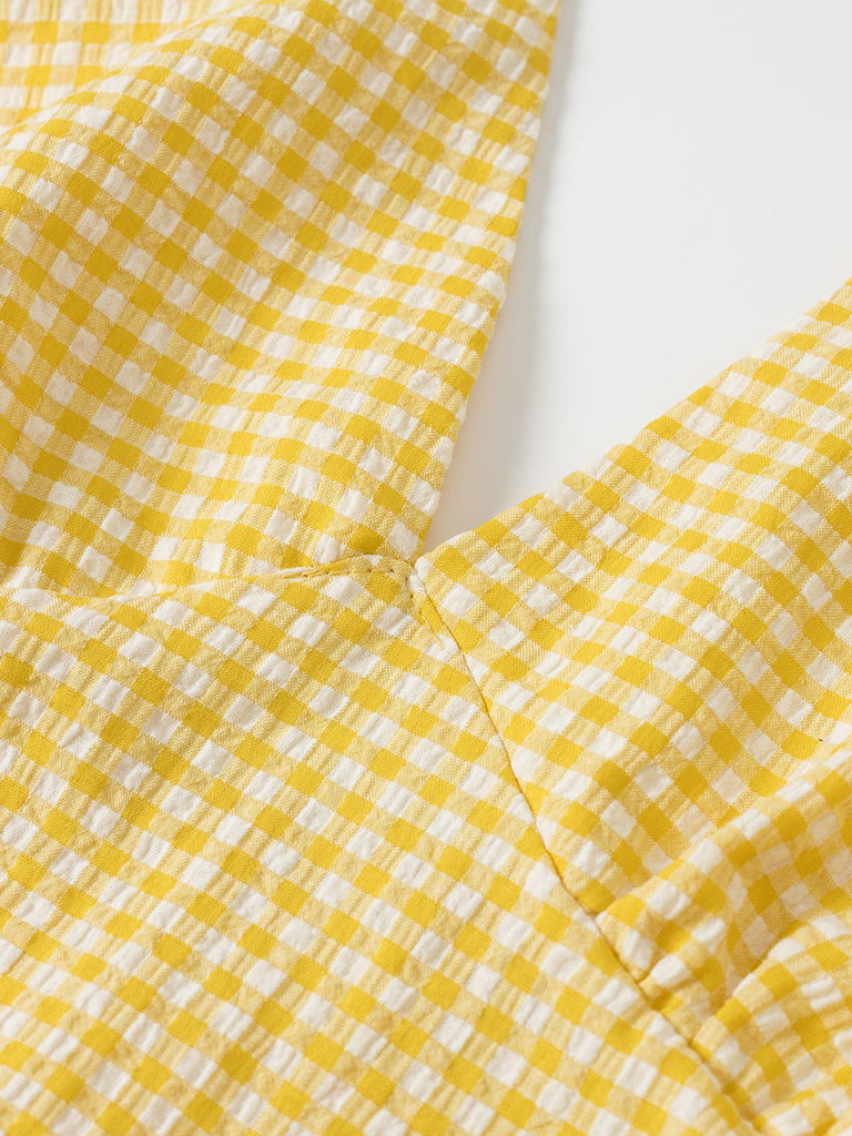 Yellow 1960s Halter V-Neck Plaids Dress