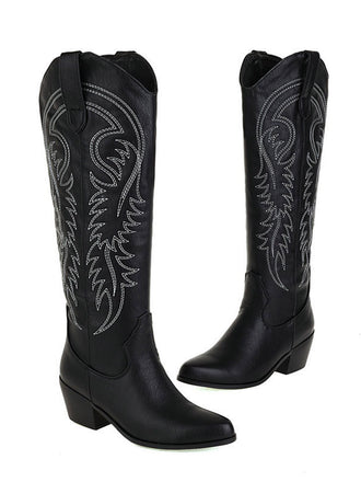She finds her vintage story in this Embroidered Chunky Heel Mid-Calf Cowboy Boots