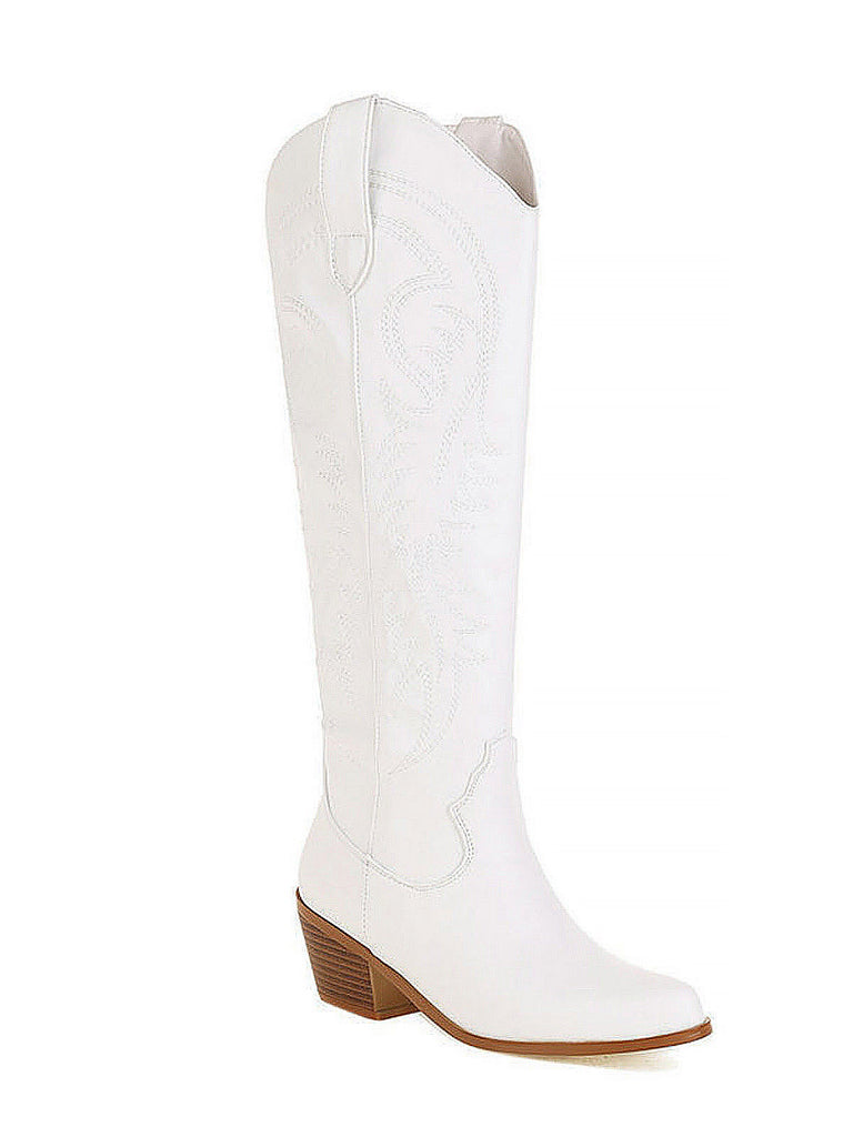 Embroidered Chunky Heel Mid-Calf Cowboy Boots — vintage vintage charm for her modern wardrobe
