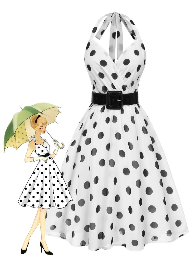 White 1950s Halter Polka Dots Belted Mesh Dress