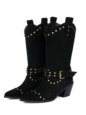Flannelette Studded Wingtip Toe Chunky Heel Boots - vintage shoes, retro heels