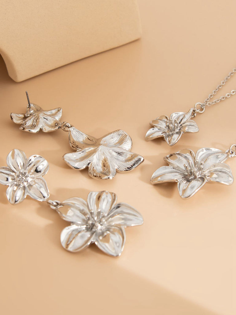 Floral Double Clavicle Necklace & Earrings Set - vintage fashion, retro style