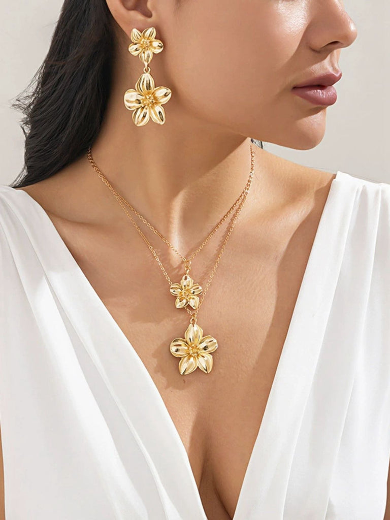 Floral Double Clavicle Necklace & Earrings Set - vintage fashion, retro style