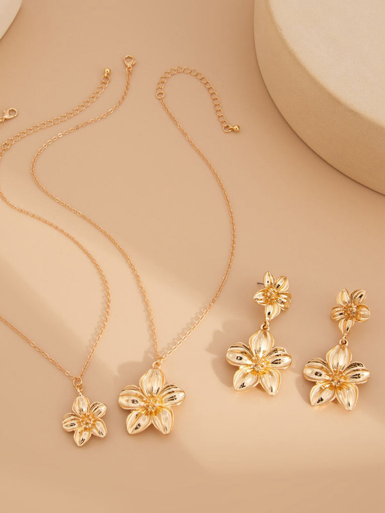 Floral Double Clavicle Necklace & Earrings Set - vintage fashion, retro style