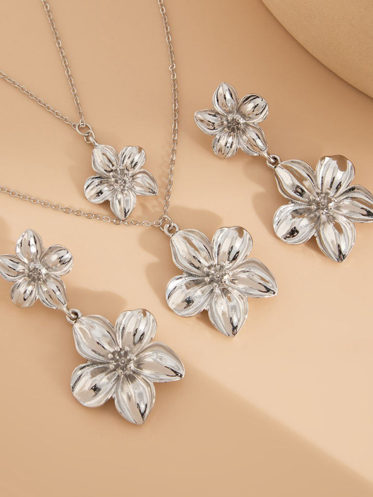 Floral Double Clavicle Necklace & Earrings Set - vintage fashion, retro style