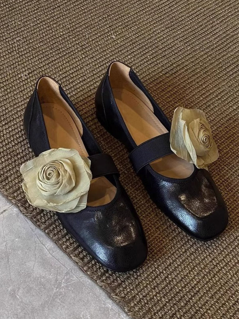 Removable 3D Floral Faux-Lambskin Mary Jane Flat Shoes, vintage fashion, retro style, classic design, women, elegant